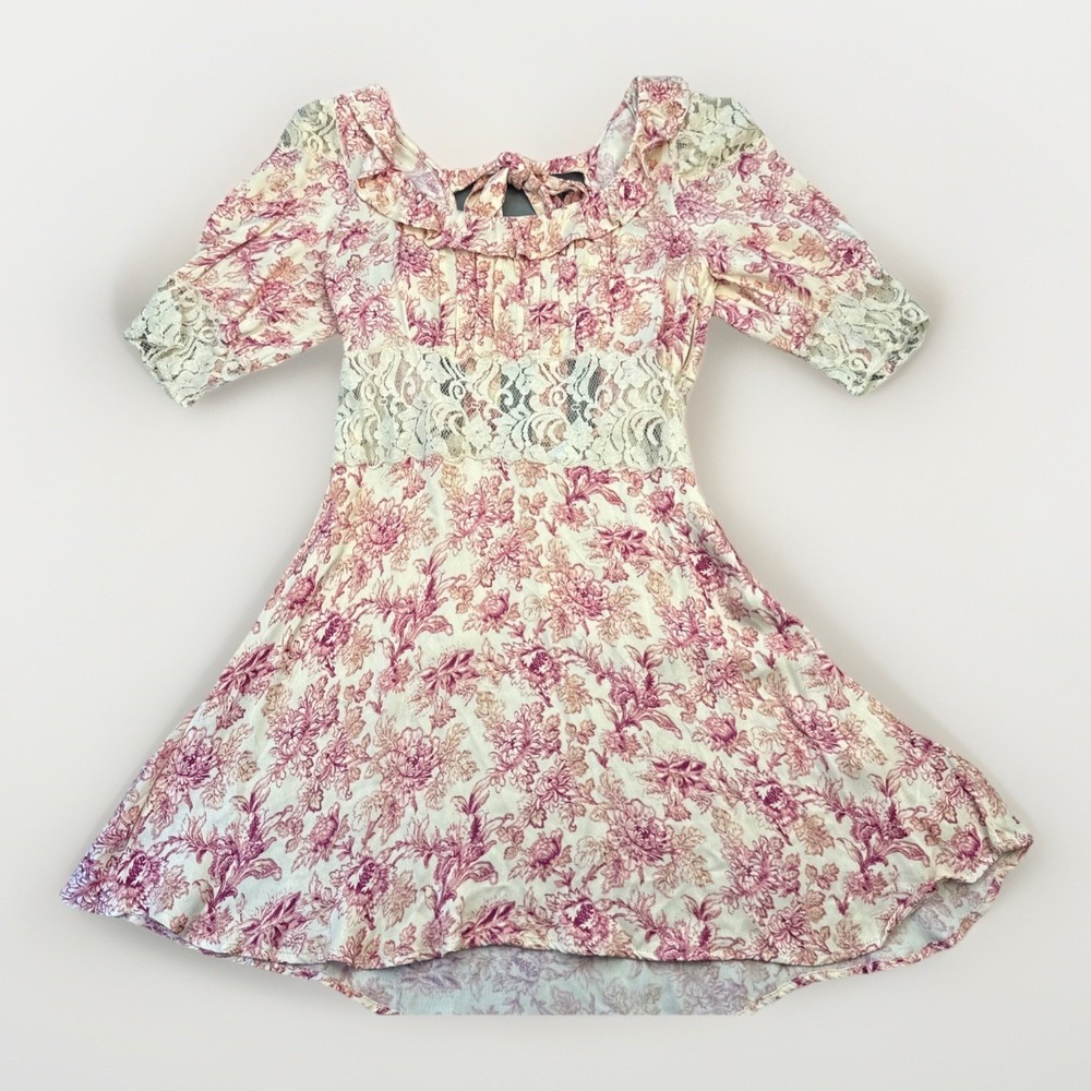Free People Lucie Mini Dress Pink Floral Lace Ruffle Tie Back Sz 4 Coquette